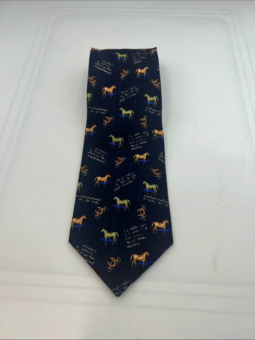 Babel Collection Silk Tie Navy Horse & Horseshoe Equestrian Print 56” x 4”